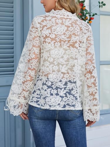 Women‘s Lace Sheer Tops Ruffle Long Sleeve Button Down V-Neck Shirt Blouse for Women Boho Chic2