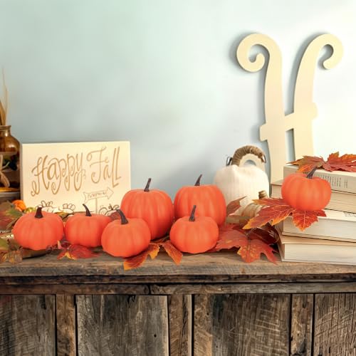 Image of Ghrdopy Fake Pumpkins, 7 Pcs Orange Artificial Pumpkins, Plastic Pumpkins for Thanksgiving Party Table Centerpiece Autumn Home Decoration-A