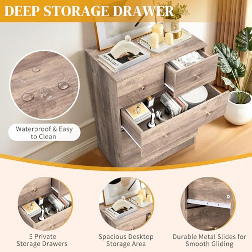 Karl home Grey 5 Drawer Dresser for Bedroom, Modern Wood Dresser Chest of Drawers, Bedroom Modern Nightstand, Anti-Tipping Device, Rose Gold Metal Handle, Living Room, Hallway, Office