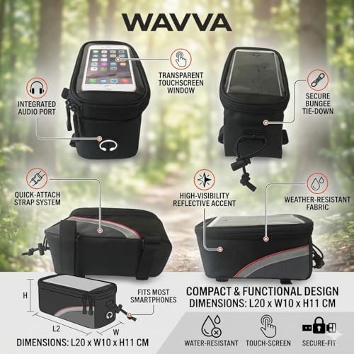 Image of Wavva Bike Bag with Phone Holder for Mountain Bike, Bike Handlebar Bag with Waterproof Touchscreen Phone Case for Every Phone with Unisex Cool Bell Mini Adjustable Bicycle Bike Accessories Black.