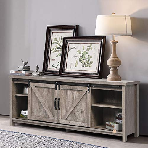 Farmhouse TV Stand, Sliding Barn Door Metal Wood TV Console Table with Storage Cabinets and Shelves for TVs Up to 65