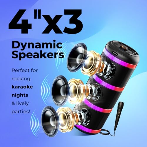 Image of pTron Fusion Theatre 60W Bluetooth Speaker w / 3m Wired Karaoke Mic, Punchy Sound, 5 EQs, Vivid RGB Lights, Party Speaker w / BTv5.2 /USB /SD Card Playback, TWS Mode & Type-C Charging (Midnight Black)