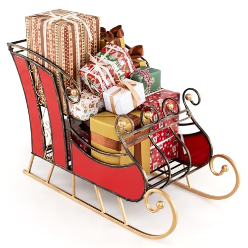 Tangkula Metal Christmas Santa Sleigh Basket, Xmas Festival Holiday Decorative Santa’s Sleigh with 2-Tier Storage Shelf, Indoor Outdoor Christmas Decoration