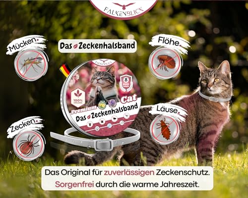 Falkenblick® Das Zeckenhalsband für Katzen 100% Pflanzliches Premium Öl Wirkungsvoller Schutz gegen Zecken Flöhe Mücken Läuse Ungeziefer Lavendel Zitroneneukalyptus - 8 Monate Wirkungsdauer