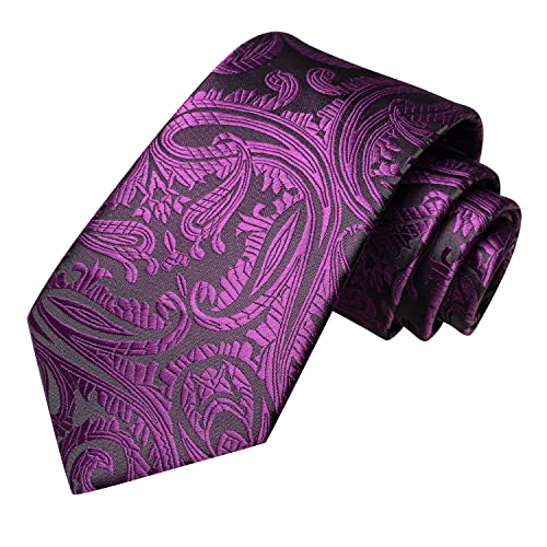 Image of Hi-Tie Grape Purple Paisley Neckties for Men Sets Floral Jacquard Tie and Pocket Square Lapel Pin Silver Tie Clip Cufflinks Set Wedding Business 6PCS