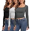 Pylnily 3 Pack Women's Long Sleeve Shirt Casual Crop Tops Double Layer Basic T Shirts Workout Tops with Thumb Hole (Black/White/Gray-S)