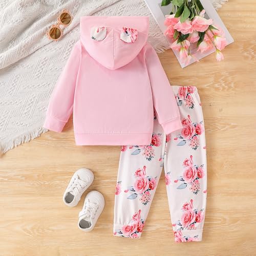 Image of 2PC Girls Clothes Girl letter and Floral print Hooded Set, letter print Top +Floral print Pants Set