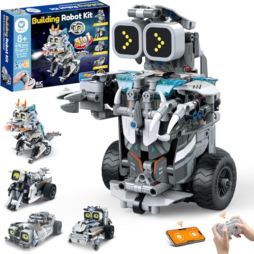 Sillbird Building Robot Dinosaur Kit with Remote Control Stem Gifts for Boys Age 8-12, Build Coding Robotic Toys for Kids Birthday, 5 in 1 Buildable Set with 646 Pieces