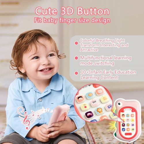 Image of Richgv Toys for Babies 6-12 Months Girls, Dinosaur Baby Phone Toy Baby Girl Gifts with 80+ Sound Effects Color Changing Light 1 Year Old Girl Birthday Gift Stocking Stuffers 6 Months +