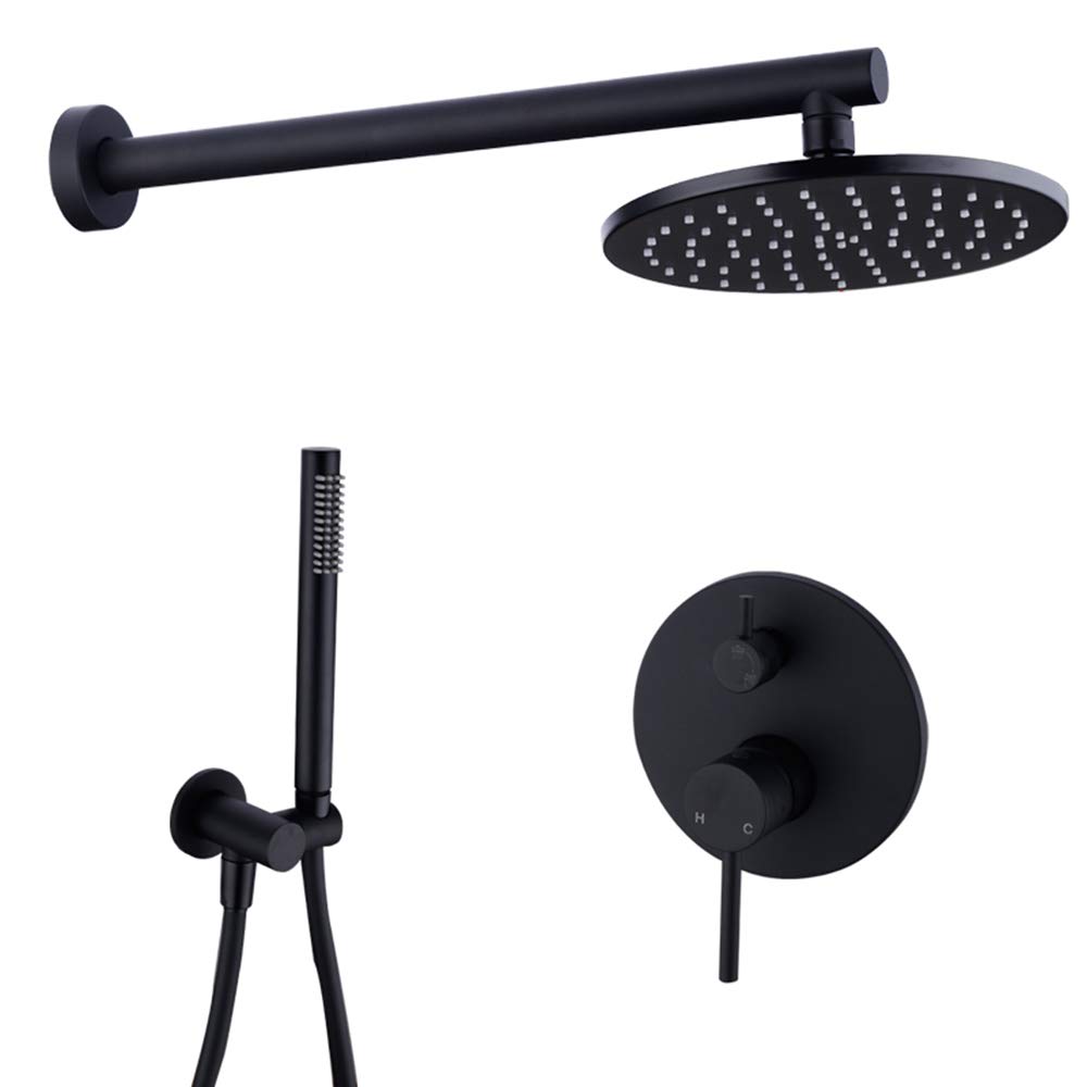 NGDFGR Shower Set Shower Black Brass Mixer Shower Faucet Set Wall Mounted Multifunction Double Handle Shower Combo Set With Round Rain Shower Head, Handheld Shower,12 In,size_name-12 Inch