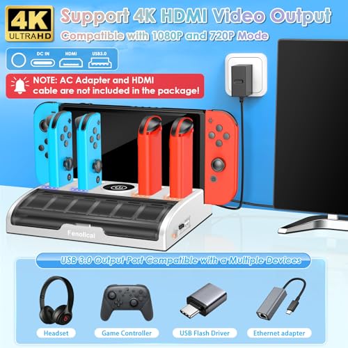 Image of Fenolical TV Switch Dock Station for Switch /OLED with Joycon Controller Charging, Support 4K /1080P HDMI Charger Docking Station for Accessories with 12 Game Slots