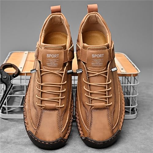 Image of Men'S Hand Stitching Leather Chukka Ankle Boots with Adjustable Elastic Band Casual Slip-On Non-Slip Walking Loafers Retro High Top Flat Shoes