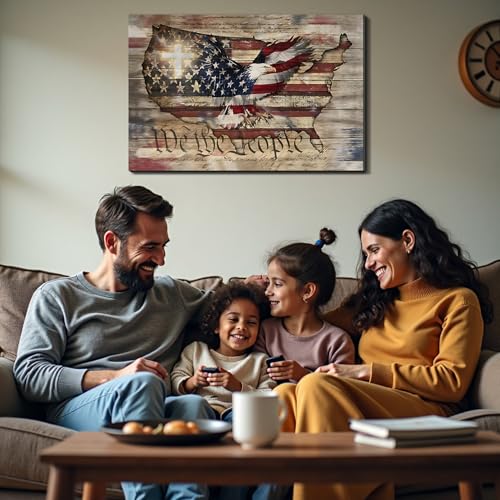 Image of Framed We The People Bald Eagle USA Map Wall Art, Patriotic American Flag Canvas Art Pictures, Patriotic Wall Decor for Office Living Room Man Cave, Ready to Hang Made in USA