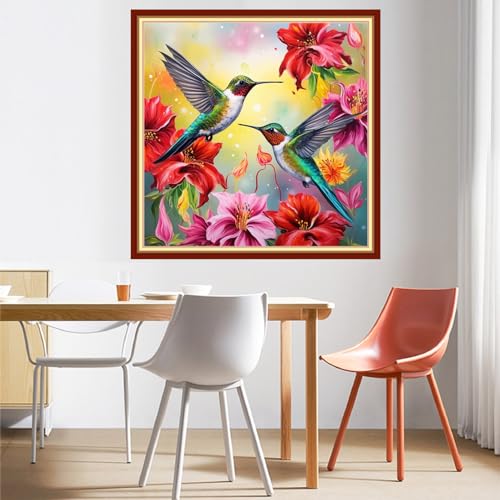 Image of DMCVIVR Stamped Cross Stitch Kits for Beginners Adults Needlepoint Kits for Beginners Embroidery Kits for Adults Crossstitch Kit for Beginners 11CT-Hummingbird Flowers 18x18 inchs