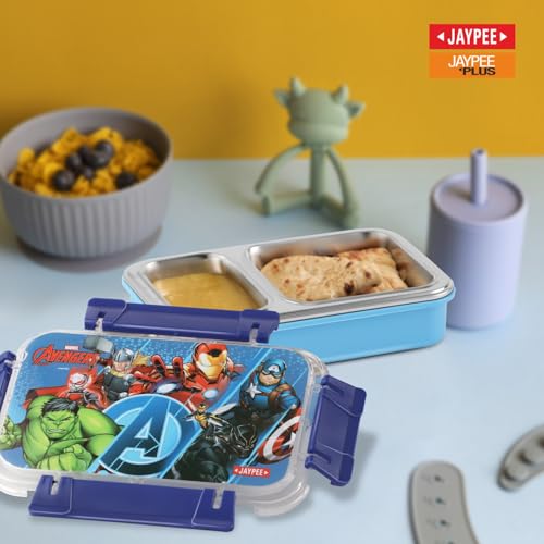 Image of JAYPEE Toon Box 2 Marvel Series Power Heroes Inner Stainless Steel Insulated Lunch Box for School Kids |Airtight Leakproof Tiffin Box with 2 Additional Lock |Food Grade|BPA Free, 545 ml, Sky Blue