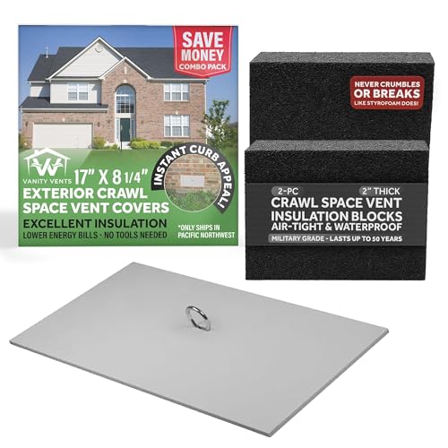 Crawl Space Vent Cover + Set of 2inch Polyethylene Foam Vent Insulation Insert Plugs - Vanity Vents, Winter Pipe Freeze Protect, Lower Energy Bill, Exterior Install in Seconds, Measure First!-Gray