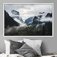 Framed Canvas Wall Art Foggy Mountains Aerial Cool Multicolor Nature Photography Realism Relax/Calm Rustic Wilderness - 16x24 inches