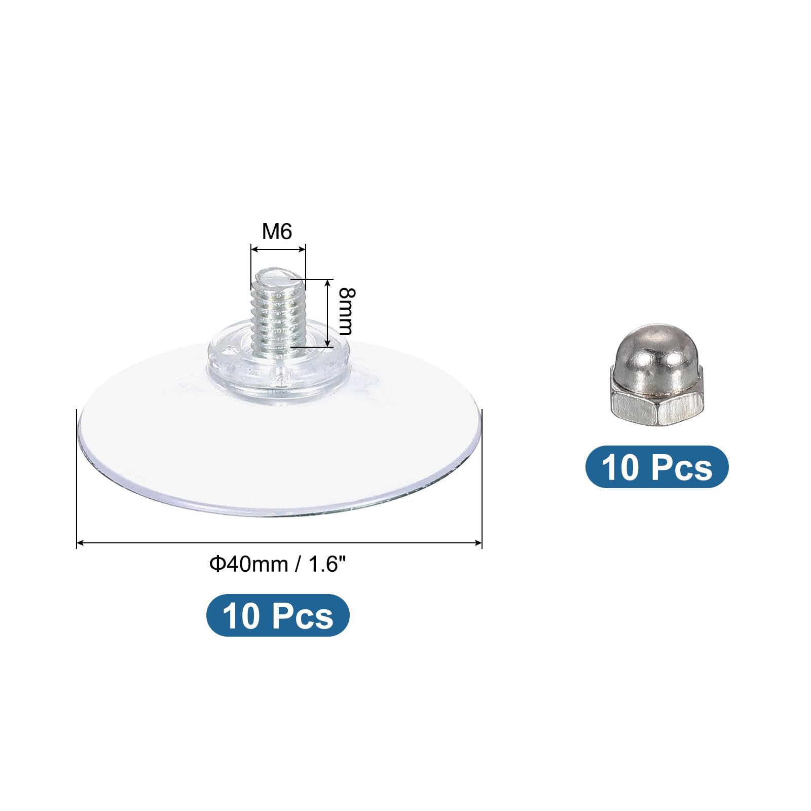 QUARKZMAN 10 sztuk przyssawek do szkła o średnicy 40 mm / 1,6" przezroczyste podkładki ze szkła PCW ze śrubą M6 x 8 mm, do okien, łazienki, drzwi, szklanej ściany, samochodu, ochrona przed słońcem