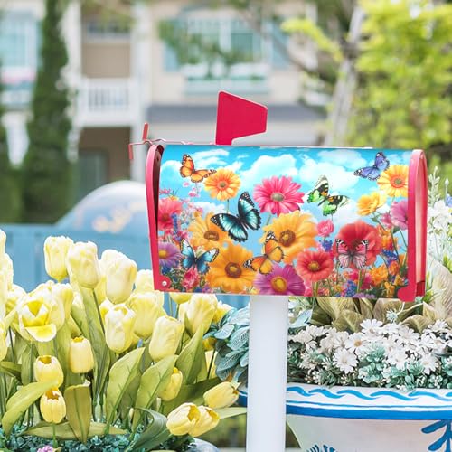 Image of Spring Summer Mailbox Covers Magnetic Standard Size 18x21 Inch Colorful Wildflowers Butterfly Magnetic Mailbox Cover Spring Floral Mailbox Wraps Post Box Cover Decoration for Home Outdoor Outside