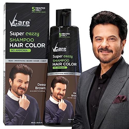 VCare Super Eazzy Shampoo Hair Color Brown | No ammonia | 5 minutes Multipurpose Hair color for Moustache, Beard and Chest Hair Color Dye | 100% Gray Coverage | Professional Salon Hair Color -180 ml