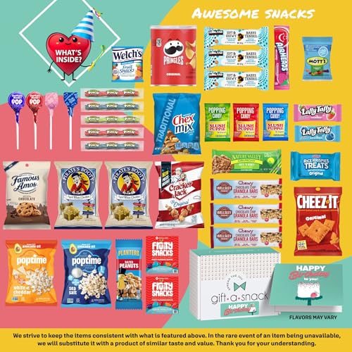 Image of Gift A Snack - Happy Birthday Snack Box Variety Pack Care Package + Greeting Card (45 Count) Bday Sweet Treats Gift Basket, Candies Chips Crackers Bars - Office Food Assortments