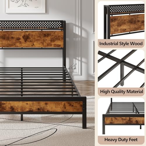 Image of Furnulem Queen Bed Frame with Headboard,Charging Station and LED Lights