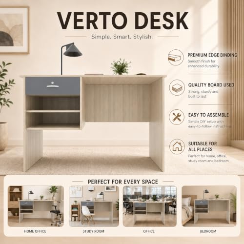 Image of 116x75x56CM Engineered Wood Verto Study & Office Table with Smooth Lockable Drawer and 2 Shelves for Storage | Sturdy, DIY Counter, Commercial Table- Acacia Light with Grey