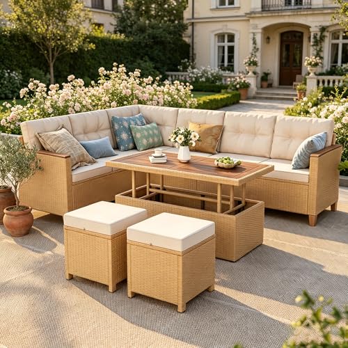Image of PHI VILLA 8 Seater Rattan Garden Furniture Sets, L Shaped Modular Outdoor Corner Sofa Set All Weather for Patio with Rising Table and 2 Ottomans, Beige