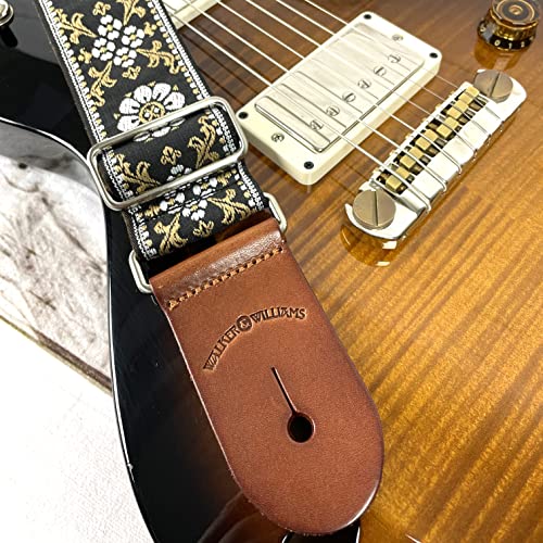 Walker And Williams H-43 Vintage Series Plush Back Gold Mandala Woven Guitar Strap With Thick Chestnut Leather Ends For Acoustic, Electric, And Bass Guitars #TOP5