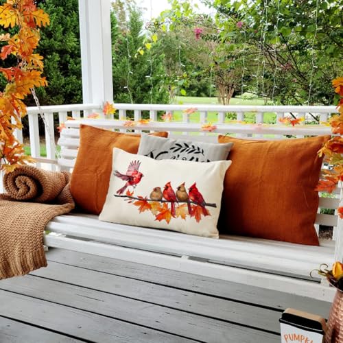 Image of Fall Pillow Covers 12x20 Inch Cardinal Birds Maple Leaves Decorative Autumn Thanksgiving Harvest Lumbar Cushion Case Decor for Home Sofa Couch (Red, 12 inchX20 inch)