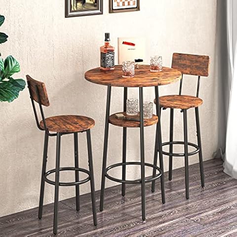 Tensun Bistro Table and Chairs Set of 2, 3-Piece Bar Table and Chairs, Small 2-Tier Round Pub Dining Table with Wooden Stools and Backrest, High Top Table for Kitchen Small Space Cover