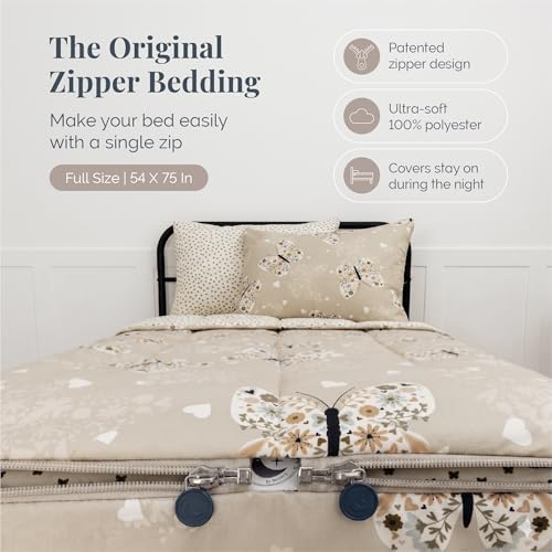 Image of Beddy's Butterfly Themed Durable Zipper Bedding for Kids - Bed in a Bag - Beige Sheets & Comforter with Butterflies, Hearts & Floral Design - Includes 2 Pillowcases & 2 Shams-Easy to Make & Wash-Full
