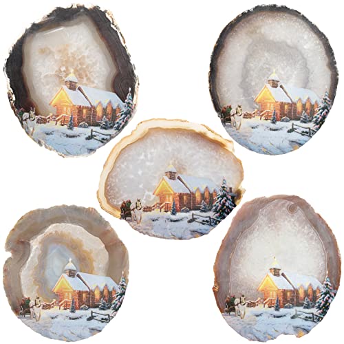 mookaitedecor Christmas Eve Art Print Natural Agate Slice Stone Ornament with Wooden Stand for Good Luck Home Office Decor Healing Crystal Housewarming Gift Christmas Winter Art Deco Decoration - Image 3