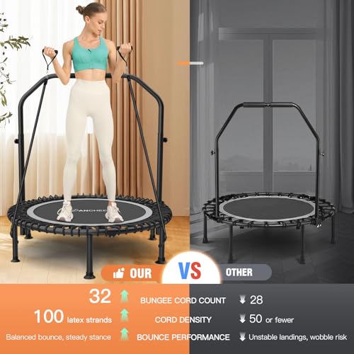 Image of ANCHEER 40 inch /48 inch Foldable Mini Trampoline,Max Load 450lbs /550lbs Indoor Trampoline,with 4 Level Adjustable Foam Handle and Resistance Bands,Adult Exercise Trampoline for Home, Garden, and Gym