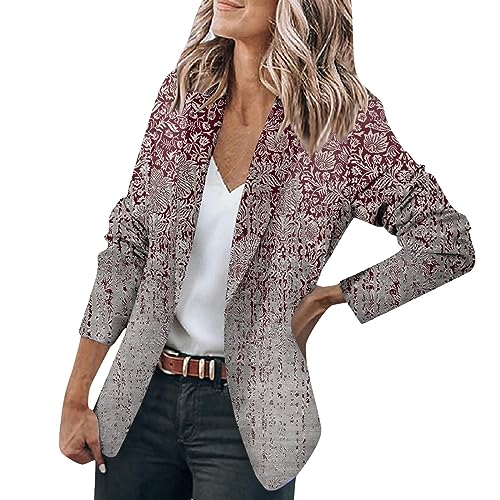 LUNULE Longblazer Damen Blazer Schwarz Drucken Langarm Knöpfen Jacke Anzug Casual Open Front Jacket Arbeit Büro Jacken Elegant Leichter Sommerblazer(Wine,5XL)