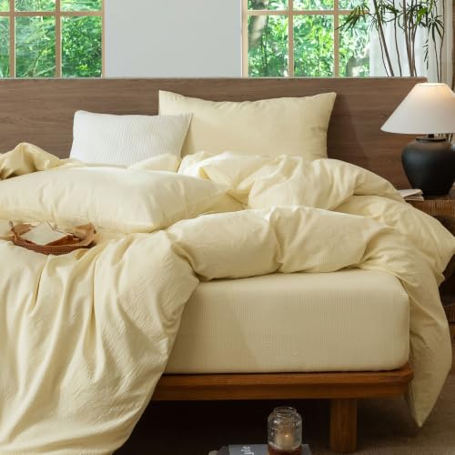 Image of MooMee Striped Duvet Cover Set 100% Washed Cotton Linen Like Queen | Relaxed Linen-like Texture. Soft, Breathable & Long-lasting Comfort. Lightweight. Hidden Zipper with 8 Interior Corner Ties
