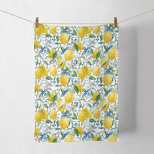 Ambiente Küchentuch Baumwolle 50x70cm mit Zitronen Muster - strapazierfähig & pflegeleicht - Küchenwäsche Frühling Sommer - Geschirrtuch Wischtuch Trockentuch - Küchenhandtuch mediterran Gelb Weiß