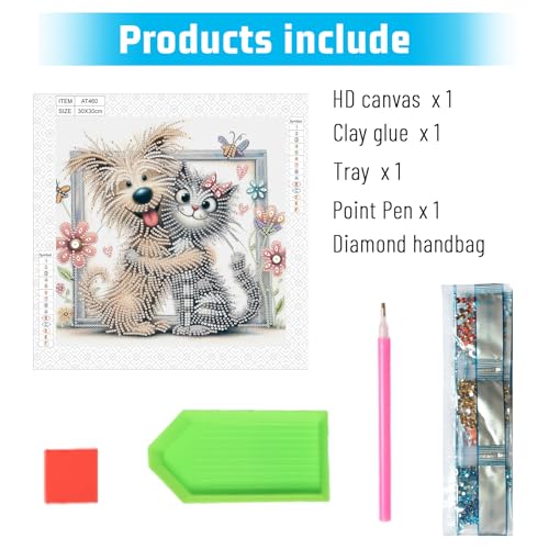 Image of AiYuanzsh Cat and Dog Diamond Art Painting Kits for Adults, 5D Special Shape Diamond Art Kits for Beginners, Crystal Rhinestones Diamond Art Painting for Home Wall Decoration Gift 12x12 inch