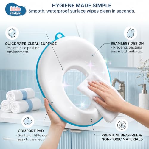 Image of Kids Station Baby Portable Baby Potty Training Toilet Seat Cover with Non-Slip Base, Splash Guard, and Storage Hook-Ideal for 1-5 Year Child, Fits Round & Oval Western Toilets, Toddler Travel-Friendly