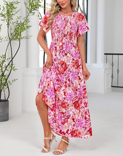 Image of Kranda Women 2025 Summer Fall Crewneck Short Sleeve Smocked Floral Maxi Dress