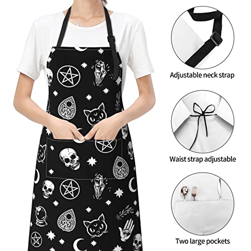 Halloween Skull Cat Moon Gothic Pattern Waterproof Chef Apron With Pocket For Women & Men, Adjustable Neck Kitchen Bib Apron With For Cooking Dishwashing Baking Grill Drawing Bbq Crafting #TOP2