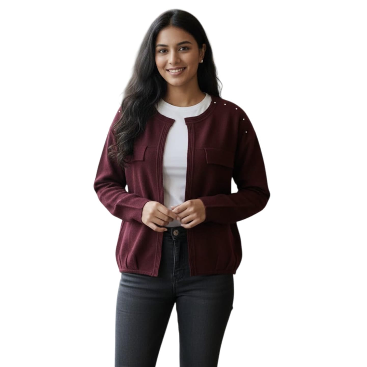 Women Maroon Knitted Front Open Cardigan Sweater Winter Wear Single Piece Limited Availability Full Sleeve Casual and Office Layering Jacket Style Cardigan-image-16