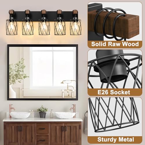 Image of IZORRO Farmhouse Bathroom Vanity Light, 5-Light Wood Bathroom Light Fixtures Over Mirror, Black Industrial Vanity Lights with Metal Shade, Rustic Restroom Lighting Fixtures