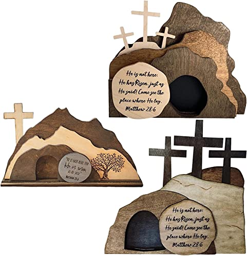 Xinyin Resurrection Small Scene Decoration for Easter, Christian Home Figurines Jesus Nativity Empty Tomb Desktop Ornament, Holy Catholic Gifts Layering Wooden Easter Figurine Cross Statue (B) - Image 6