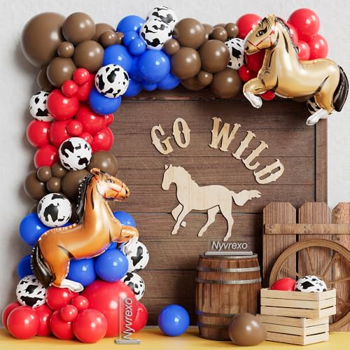 Image of Horse Racing Balloon Arch Garland Kit, Western Cowboy Party Decorations, 131PCS Red Blue Brown Cow Print Balloons for Derby Day Festival First Rodeo Farm Cow Wild Party Birthday Supplies