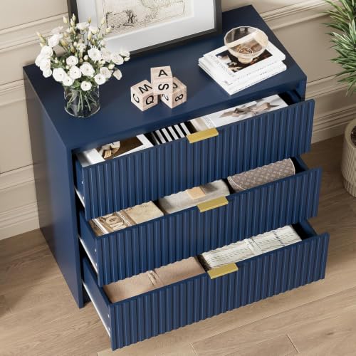 Image of Furniway 3 Piece Bedroom Set, 8 Drawer Dresser and 3-Drawer Nightstand Set of 2 with Gold Handles, Navy Blue Modern Wood Chest of Drawers Storage Cabinet for Bedroom