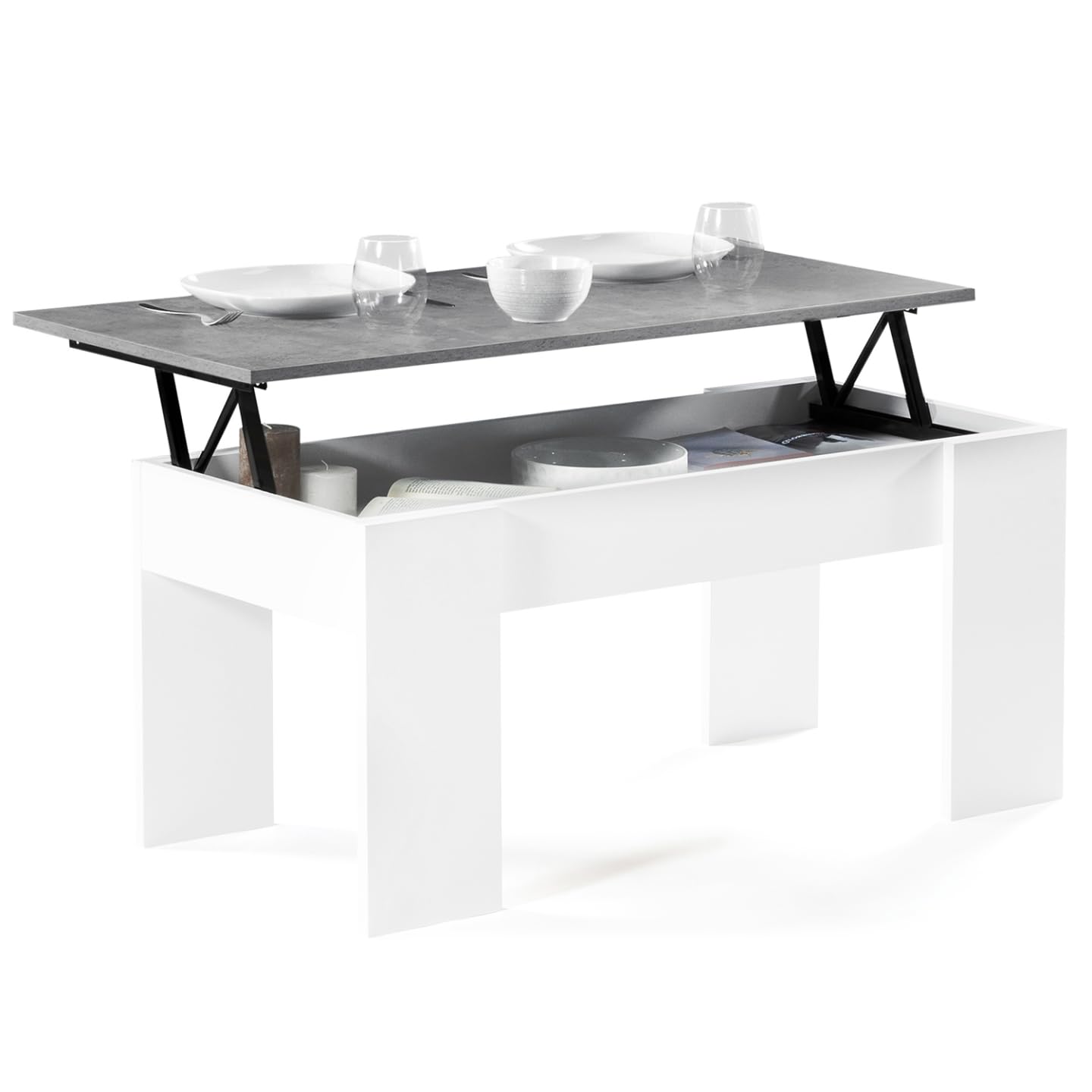 IDMarket - Table Basse Plateau relevable rectangulaire Tara Bois Blanc et Effet béton