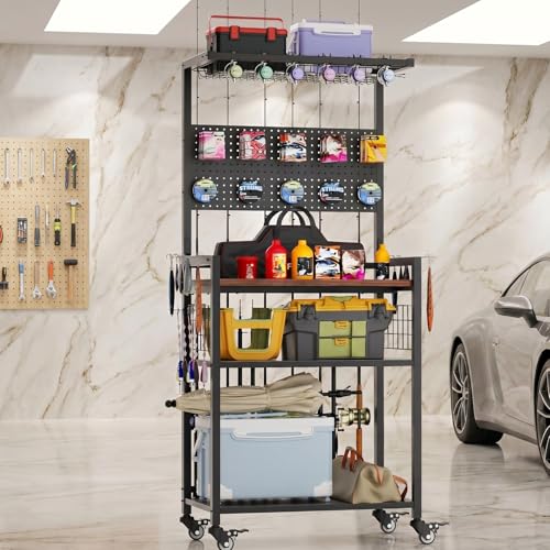 ahomrt 65.5IN Large Fishing Rod Holders for Garage w/Pegboard and Lockable Wheels, 4-Tier Fishing Rod Storage Rack with 12 Hooks, Reel Rack, Fishing Pole Holder for 12 Rods, Fishing Gear Stands