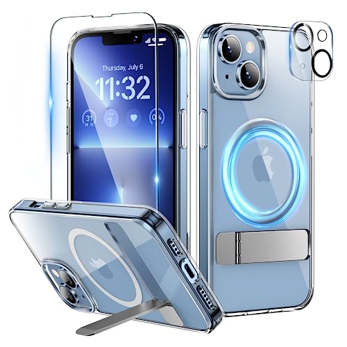 Niunisi Coque Magnétique pour iPhone 14 Plus Case, Béquille Coque avec Verre Trempé et Protection Camera Compatible avec Magsafe et Dos Fin avec Protection de Qualité Militaire Case, Transparent