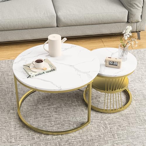 BRILVERDE Couchtisch 2er Set Rund,Wohnzimmertisch mit Stauraum,Beistelltisch,Marmoroptik,Metallrahmen,für Wohnzimmer Schlafzimmer (Gold-5)
